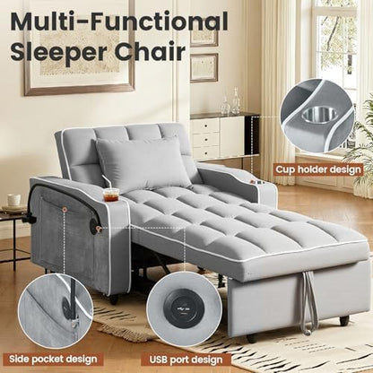 Sleeper Chair with USB Port, 3 In1 Pull Out Sofa Bed, Gray | Adjustable Backrest,Soft Cushioning,Handy Side Pocket,Cup Holders,Phone Holder - color: D-light Gray-kg