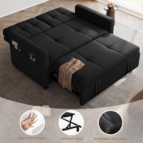 YITAHOME 55" Convertible Sofa Bed | 3-in-1 Sleeper Sofa with Iron Frame Pull-Out Bed, Linen Futon Couch with Reclining Backrest and Side Pocket, Modern Loveseat - color: Black, size: 71.2 x 46.4in