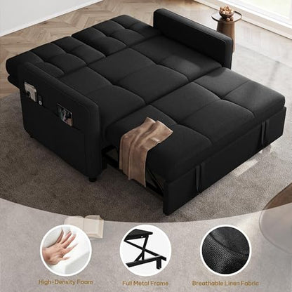 YITAHOME 55" Convertible Sofa Bed | 3-in-1 Sleeper Sofa with Iron Frame Pull-Out Bed, Linen Futon Couch with Reclining Backrest and Side Pocket, Modern Loveseat - color: Black, size: 71.2 x 46.4in