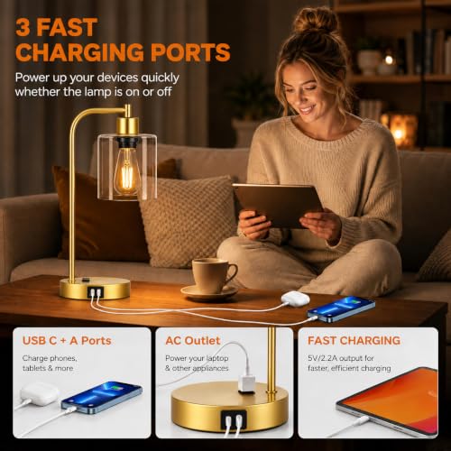 Industrial Touch Control Table Lamps Set of 2 - Gold Nightstand Bedside Lamps with 2 USB Ports & AC Outlet, 3-Way Dimmable Desk Lamp for Bedroom Living Room, Glass Shade & 2 LED Bulbs Included - color: Gold(2 Pack) - Clear Glass-Touch Control
