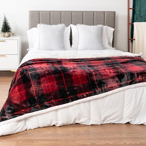 PAVILIA Twin Plaid Sherpa Throw Blanket for Couch Sofa Bed, Black Red 60x80 | GSM 460; Soft Plush Flannel Fleece; Warm&Cozy for Home; Machine Washable, Perfect Cabin Decor Winter Holiday Christmas Gift - color: Plaid Red, size: 60 x 80 Inches