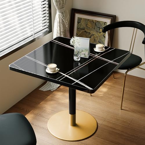 31.5'' Tulip Table, Square Dining Table with Sintered Stone Tabletop | Black Aluminum Alloy Edge & Gold Pedestal, Bistro Table for Dining Room/Café/Small Spaces/Restaurant (Black Gold Vein) - color: Black Gold Vein (Black Edge), size: Square