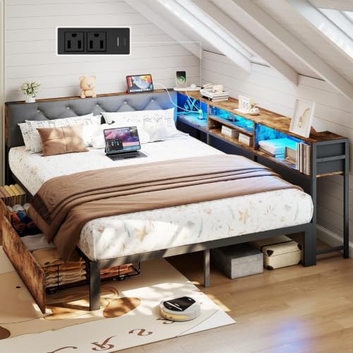 Full Corner Bed Frame with Storage Headboard and Bookcase, Full Size Metal Platform Bed Frame with LED Lights and Charging Station, Upholstered Daybed with 2 Drawers for Kids Teens, Vintage Brown - color: Vintage Brown, size: Full