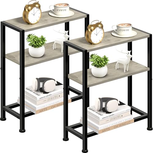 Narrow Side Table Set of 2 for Small Space, 2-Tier Small End Table with Shelf Holder, Slim Nightstand, Skinny Snack Couch Table in Living Room, Bedroom, Study, Kitchen and Balcony (Greige) - color: Greige