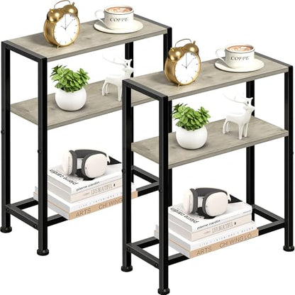 Narrow Side Table Set of 2 for Small Space, 2-Tier Small End Table with Shelf Holder, Slim Nightstand, Skinny Snack Couch Table in Living Room, Bedroom, Study, Kitchen and Balcony (Greige) - color: Greige