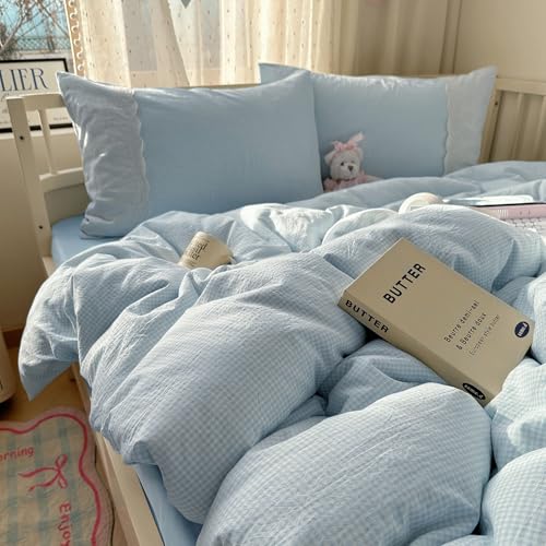 mixinni Blue Gingham Duvet Cover Twin Size - 3 Piece Cottagecore Plaid Bedding Set with Lace Trim, Soft Washed Microfiber Vintage Aesthetic Grid Comforter Cover & Pillow Shams, (Blue White Gingham) - color: 03 - Blue Gingham, size: Twin(68" x 86")