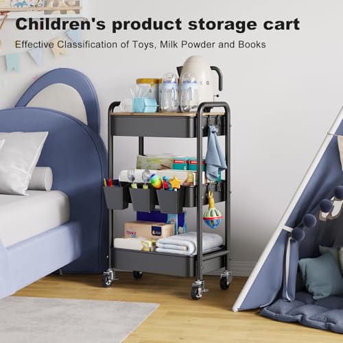 3 Tier Rolling Cart with Wood Table Top, Rolling Cart Table on Lockable Wheels,Rolling Side Table with Storage, Black Utility Carts for Arts and Crafts, Dorm, Medica, Laundry Room, Roller Book Shelf - color: Black