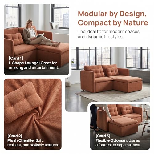 HNY 56.5" Modern Loveseat Sofa, Brown | 2-Seat Button Tufted Love Seat, Deep Seat Chenille Fabric With Pillow, Small Couch for Bedroom, Apartment, Home Furniture - color: Brown, size: 2 Seater-L Shape