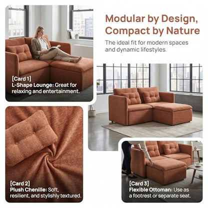 HNY 56.5" Modern Loveseat Sofa, Brown | 2-Seat Button Tufted Love Seat, Deep Seat Chenille Fabric With Pillow, Small Couch for Bedroom, Apartment, Home Furniture - color: Brown, size: 2 Seater-L Shape