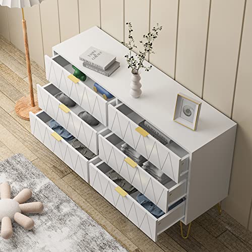 Anbuy White 6 Drawer Dresser for Bedroom Large, Double Dresser with Wide Drawers and Gold Handles, Chest of Drawers - color: White, size: 13.4"D x 47.54"W x 28.73"H(6 Drawers)