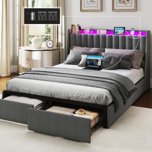SADENICEL Queen Bed Frame with 2 Storage Drawer, Queen Size Bed Frame, Grey | Headboard with Charging Station and LED Lights, Metal Platform Bed with Storage Shelf, Noise Free, No Box Spring Needed - size: Queen, style: Channel Tufted & 2 Storage Drawers