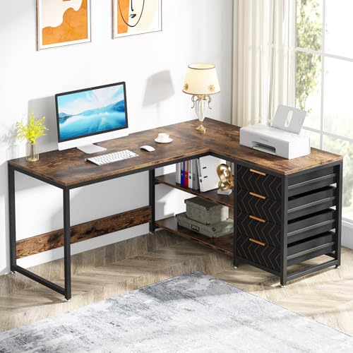 LITTLE TREE 59-Inch L Shaped Desk with Drawers, Large Computer Desk with Storage Shelves, Reversible L-Shaped Corner Desk Workstation for Home Office - color: Brown