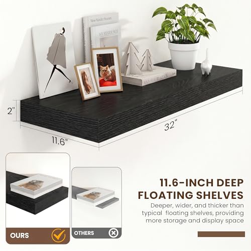 32 Inch Floating Shelves, 12'' Deep Black Shelves for Wall Set of 2 | Invisible Brackets, Engineered Wood, Mounting Hardware Included, 40LBS, Bathroom, Laundry Room, Kitchen, Living Room - color: Black, size: 32W x 11.6D x 2H, 2 Pack