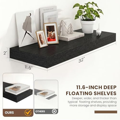 32 Inch Floating Shelves, 12'' Deep Black Shelves for Wall Set of 2 | Invisible Brackets, Engineered Wood, Mounting Hardware Included, 40LBS, Bathroom, Laundry Room, Kitchen, Living Room - color: Black, size: 32W x 11.6D x 2H, 2 Pack