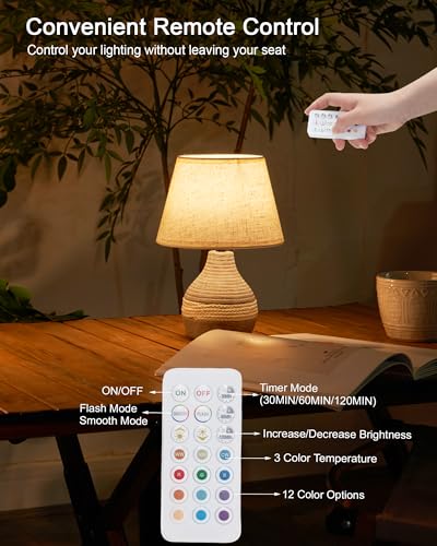 10" H Small Rechargeable Cordless Ceramic Table Lamp, Coastal | Remote Control RGB, Warm White Light, Timer, Dimmer, Battery Operated Lamp for Bedroom, Living Room, Kitchen, Linen Shade - size: Mini-10"H