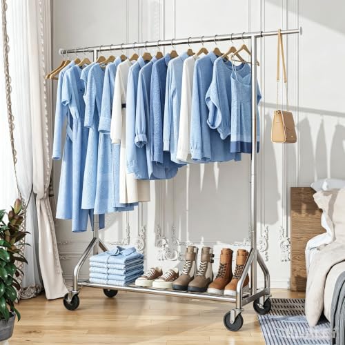 Simple Trending Heavy Duty Clothes Rack, Extensible Clothing Rack, Silver | Garment Rack Load 450 LBS, Portable Closet with Mesh Bottom Shelf, 360° Lockable Wheels, Bedroom, Laundry Room - size: 17"D x 61"W x 66.75"H
