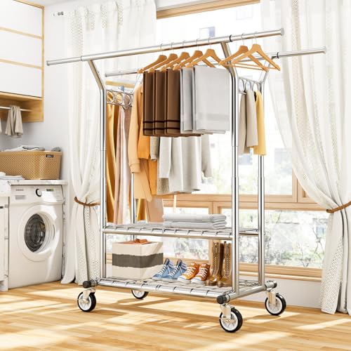 HYSEYY Heavy Duty Clothes Rack, Rolling Clothing Rack With Shelves Load 620 LBS, Double Rod Clothing Racks for Hanging Clothes, Portable& Adjustable Clothes Rack with Wheels Garment Rack - color: Sliver