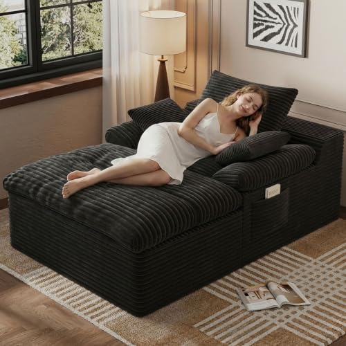 49.2" Oversized Chaise Lounge Chair Indoor, Modern Upholstered Deep Seat Sofa Bed, Sleeper Couch Reading Chairs, Comfy Corduroy Cloud Sofas Couches for Living Room, No Assembly, Black - color: Black, size: 49"