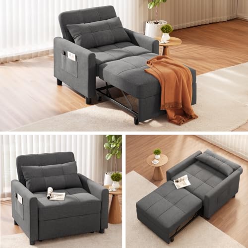 Convertible Sofa Chair Bed, 3-in-1 Linen Pull Out Chair, Dark Gray | Multi-Functional Sleeper Chair Bed;Adjustable Backrest Recliner;Modern Linen Fabric, Living Room/Apartment/Small Space - color: Dark Gray