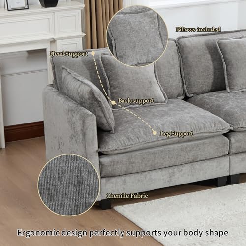 76.7” Oversized Gray Loveseat Sofa, 2 Seater Large Sectional Couches for Living Room, Chenille Fabric Modular Sectional Sofa with 1 Ottoman, Deep Seat Home Sofas Set - color: Grey, size: 2 Seater + 1 Ottoman