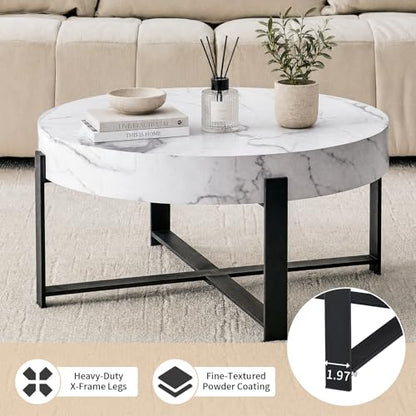 Round Coffee Table, Modern Faux Marble Coffee Table with Metal Frame, Small Wood Circle Table, Round Accent Center Tables for Living Room Apartment Small Space(31.5''D-White Marble) - color: X-white Marble