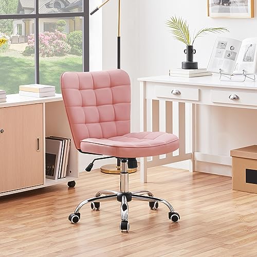 Yaheetech Pink Tufted Armless Office Desk Chair with Wheels, Faux Leather | Thick foam cushioned seat tilts back to relax, lifts 18-22 in, spins 360 degrees, holds 300 lb, and assembles with ease. - color: Pink