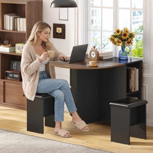 60" Extendable Drop Leaf Dining Table Set with 4 Leather Chairs,Storage,5 Pcs Oval Foldable Kitchen Table and Chairs Set for 4-8 People,6 Wheels,Folding Table Set for Small Space Saving,Walnut - color: Walnut