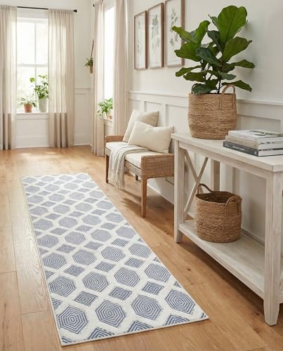Rugs.com - Sabrina Soto Casa Rug – 12 Ft Runner Navy Blue Textured Cotton Runner Modern Geometric Design for Hallways and Entryways - color: Navy Blue, size: 2'7" x 12' (Runner)
