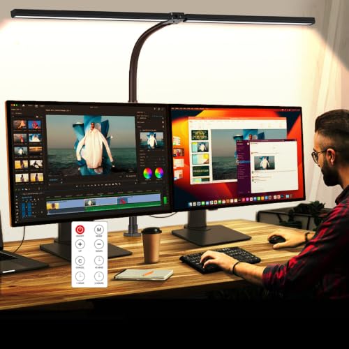 LED Desk Lamp with Clamp, Dual Head Monitor Light, Remote | 24W Dimmable Eye-Caring Task Lamp with Timer, Anti-Glare Cover and Gooseneck for Home Office Dorm Workbench and Study - color: Black-31.5in
