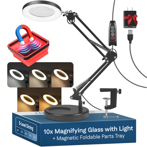 10X Magnifying Lamp - Desk Magnifying Glass with Light, Lighted Magnifying Glass with Stand, Magnifying Light, 5 Color Modes, 2 Mounting Options, USB Cable, Adapter & Magnetic Tray, Black - color: Black