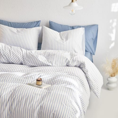 Wake In Cloud - Striped Cotton Duvet Cover Set, Ticking Stripe Vertical Pinstripe Farmhouse, 100% Washed Cotton Textured Bedding Set, 3 Pieces, Blue White, Full Size - color: Blue White, size: Full