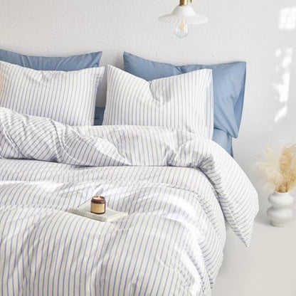 Wake In Cloud - Striped Cotton Duvet Cover Set, Ticking Stripe Vertical Pinstripe Farmhouse, 100% Washed Cotton Textured Bedding Set, 3 Pieces, Blue White, Full Size - color: Blue White, size: Full