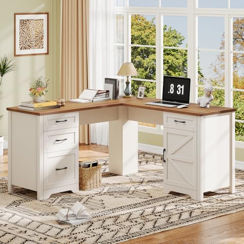 Vabches 59” Farmhouse L Shaped Executive Desk with File Drawer, White | Home Office Desk with Power Outlets, Storage Cabinet, Wood Corner Sturdy Writing Workstation - color: Unique White, size: Cabinet on the Right