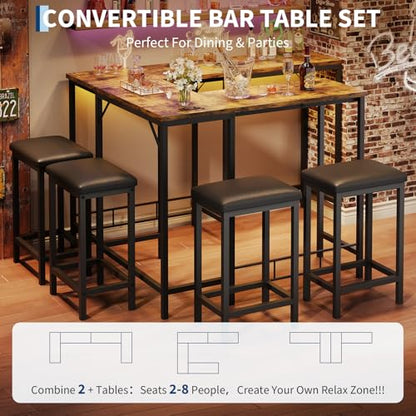 Bar Table and Chairs Set, 63'' L-Shaped Bar Table with 2 Stools, Counter Height Kitchen Table with Built-in Power Outlets, Left/Right/Straight Convertible Design, Faux Leather Upholstered Seating - color: Rustic