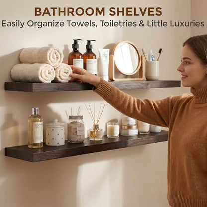 Dreamland 40 Inch Long Floating Shelves Set of 2, Rustic Solid Elm Wood Floating Shelf Wall Mounted, 8 Inch Deep Wooden Wall Shelves for Living Room, Bedroom, Bathroom, Kitchen, Walnut - color: Walnut, size: Flat Edge - 40"L