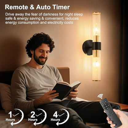 Morauroral Black Gold Battery Operated Wall Sconce, Rechargeable Wall Lights with Remote, 20 Inch Modern Wireless Wall Lamp for Bedroom, Living Room with Clear Glass Shade (Bulbs Included) - color: Gold（1 Pack）