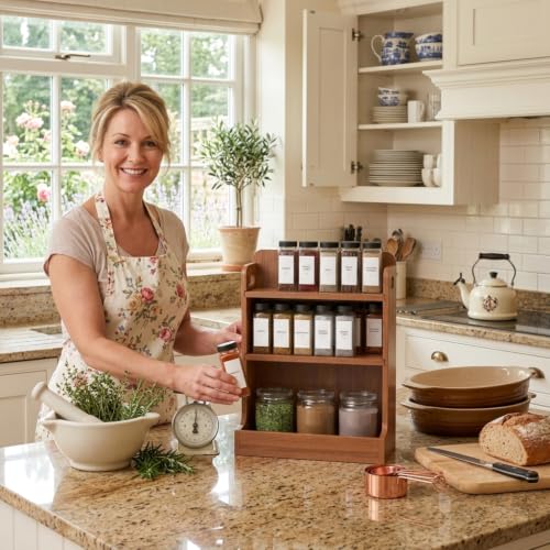 Solid Wood 3-Tier Spice Rack Countertop Organizer Kitchen Storage Shelf | Sturdy wood desktop shelf for spices, coffee bars & bathroom vanities. Features portable handles & full back stability.
