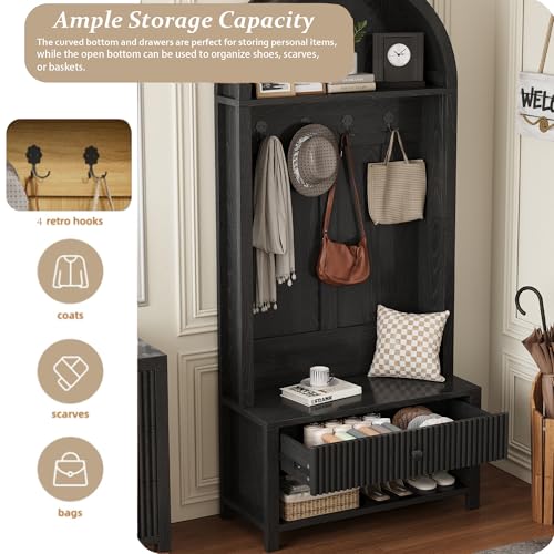 70.86-inch Entryway Hall Tree, Farmhouse-Style Wooden Coat Rack Freestanding, Entryway Organizer with Four Hooks, Standing Shoe Rack with Bench for Hallways, Foyers, and Living Rooms, Black - color: Black