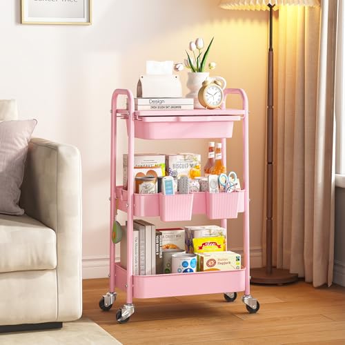 KINGRACK 3 Tier Metal Rolling Cart with Drawer, Pink Utility Storage Cart | 2 Cups & 4 Hooks, Lockable Wheels, Trolley Organizer for Bathroom, Kitchen, Office, Nursery, Dorm, Laundry, Craft Room - color: Pink
