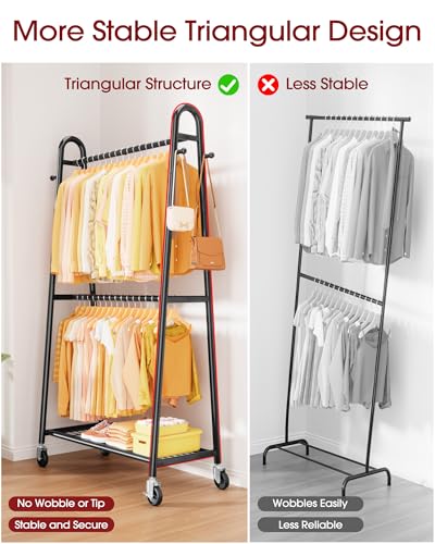 Sakugi Clothes Rack 36.5" x16.9" x72.8" Black Double Rod Mesh Shelf | Heavy Duty,Bedroom, Closet, Triangular Design, Freestanding, Metal Construction - color: Black