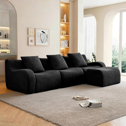113.5” Sectional Boneless Sofa Couches, 3 Seater L-Shaped, Streamlined Design, No Assembly Modular Teddy Fabric Sofa for Living Room, Bedroom, Apartment, Home Office (Black) - color: Black02, size: 3Seat+1Ottoman