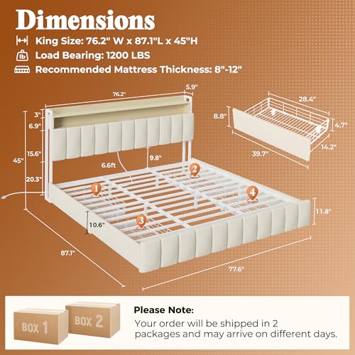 Bed Frame King Size with Upholstered Headboard & Charging Station, King Bed Frame with 4 Storage Drawers, 2-Tier Open Shelves, No Box Spring Needed, Slient Foam Strip, Easy Assembly, Beige - color: Beige, size: King