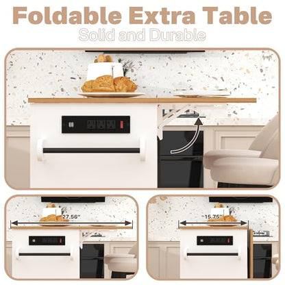 Kitchen Island with Storage, Island Table for Kitchen with Drop Leaf Countertop, Kitchen Cart with Wheels, Storage Rack, a Drawer, Spicy Rack and Towel Bar, Sufficient Countertop Space, White