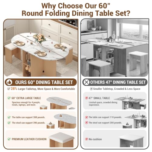 60" Extendable Drop Leaf Dining Table Set with 4 Leather Chairs,Storage,5 Pcs Oval Foldable Kitchen Table and Chairs Set for 4-8 People,6 Wheels,Folding Table Set for Small Space Saving,White Marble - color: White Marble