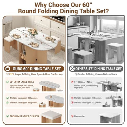 60" Extendable Drop Leaf Dining Table Set with 4 Leather Chairs,Storage,5 Pcs Oval Foldable Kitchen Table and Chairs Set for 4-8 People,6 Wheels,Folding Table Set for Small Space Saving,White Marble - color: White Marble