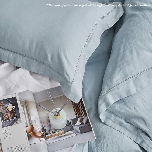 Simple&Opulence 100% Linen Duvet Cover Set with Embroidery Border Washed - 3 Pieces (1 Duvet Cover & 2 Pillow Shams) with Button Closure Soft Breathable Farmhouse - Dusty Blue, Full Size - color: Dusty Blue, size: Full