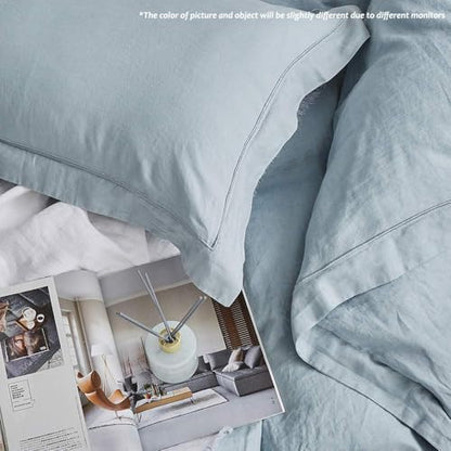 Simple&Opulence 100% Linen Duvet Cover Set with Embroidery Border Washed - 3 Pieces (1 Duvet Cover & 2 Pillow Shams) with Button Closure Soft Breathable Farmhouse - Dusty Blue, Full Size - color: Dusty Blue, size: Full