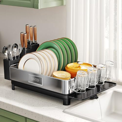 SNTD 304 Stainless Steel Dish Drying Rack for Small Kitchen Counter, Black | Rustproof, Large Capacity, Heavy-Duty Frame, Rotating Spout, Angled Drainboard, Removable Cup & Utensil Holder - color: Black