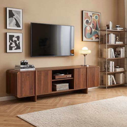 70'' Fluted Wood TV Stand with Storage Fits Up to 80 Inch TV | Mid-Century Modern Media Console with Open Shelves & Cable Holes Low TV Entertainment Center for Living Room Bedroom (Walnut)