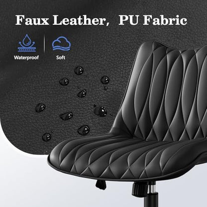 Armless Office Chair, Swivel Rolling Leather Desk Chair, Brown | Waterproof Upholstery, Padded Seat, 15° Relaxing Tilt, 330 LBS Capacity, for Bedroom Vanity and Computer Work - color: Black